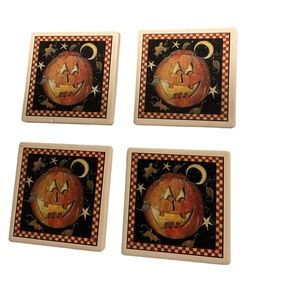 Vintage Halloween Jack O Lantern Ceramic Coasters On Cork Set Of 4